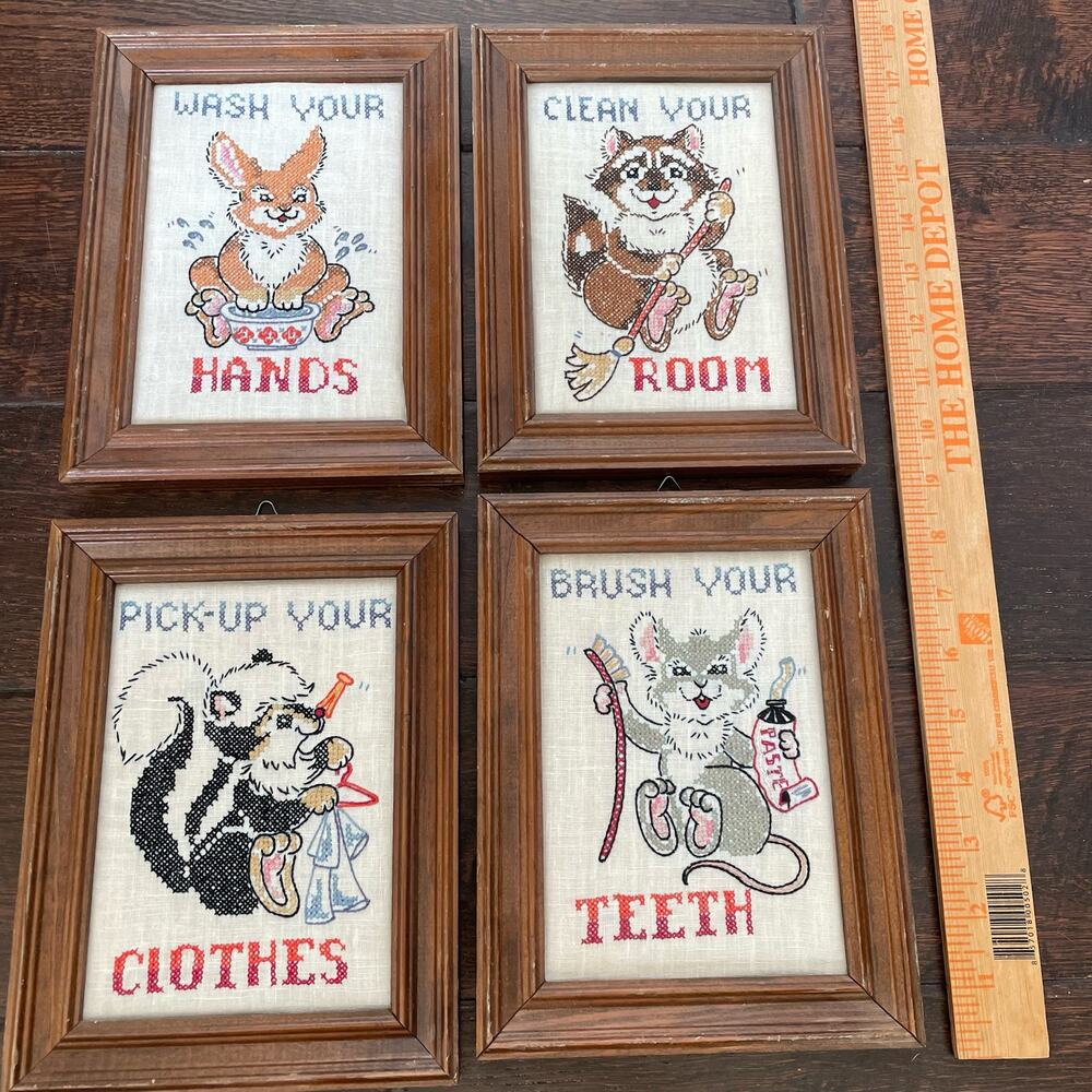 Vintage Bucilla Cross Stitch House Rules Samplers Lot of 4 Framed Child 49605